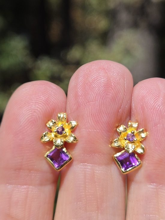 Celestial Kharma Collection by Avelon Jewelry - Gold Amethyst Floral Drop Earrings